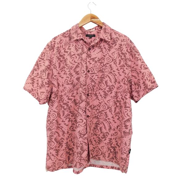 Ted Baker Men's Pink Barons Abstract Print Linen-Blend Button Up Shirt Size 5/XL - Picture 1 of 7
